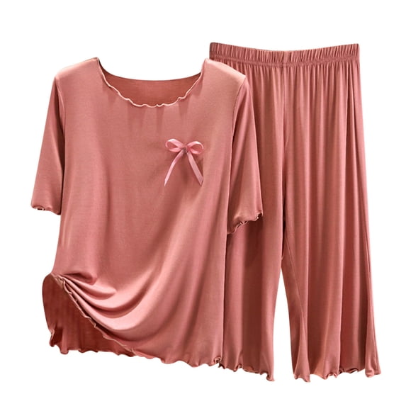 Jalioing Women's 2 Piece Lounge Set Comfy Loose Short Sleeve Tops Capri Pants Pajama Set Lightweight Sleepwear