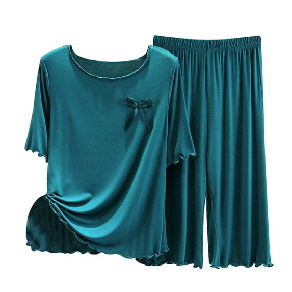 Jalioing Women's 2 Piece Lounge Set Comfy Loose Short Sleeve Tops Capri Pants Pajama Set Lightweight Sleepwear
