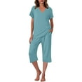 thumbnail image 1 of Jalioing Women's 2 Piece Pajama Set Short Sleeve V Neck Tops and Capris Set with Pocket Solid Lounge Set, 1 of 9