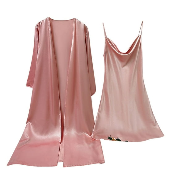 Jalioing Women's 2PCS Satin Nightgown Set Suspender Cami Nightdress with Ice-Slik Open Front Cardigan Sets (Large, Pink)