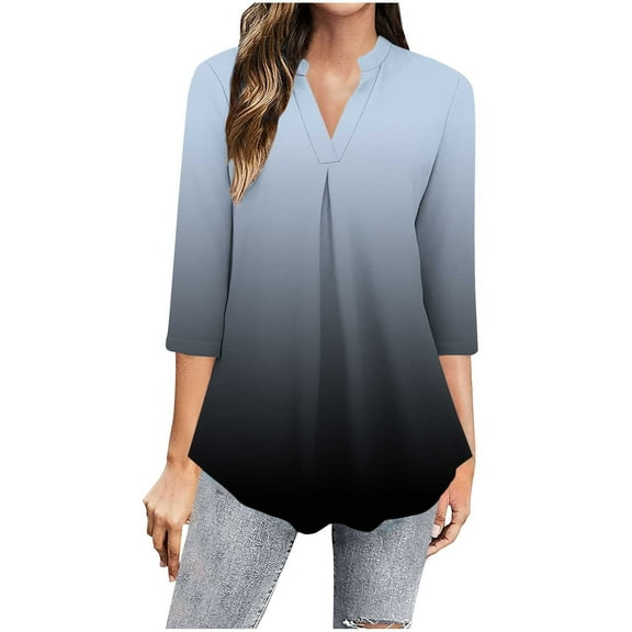 Jalioing Women's 3/4 Sleeve Shirt V Neck Casual Dressy Tunic Tops Pleated Front Loose Blouses Summer Outfits