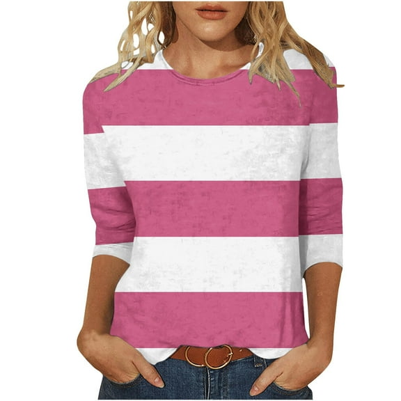 Jalioing Women's 3/4 Sleeve Striped Tops Fashion Casual Crew Neck Shirts Trendy Basic Pullover Tees Clothes