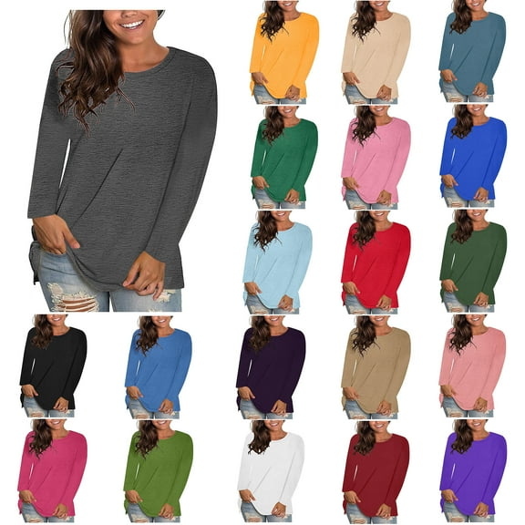 Jalioing Women's Long Sleeve T Shirt Plus Size Crew Neck Pullover Tee Casual Fashion Solid Shirts Tops