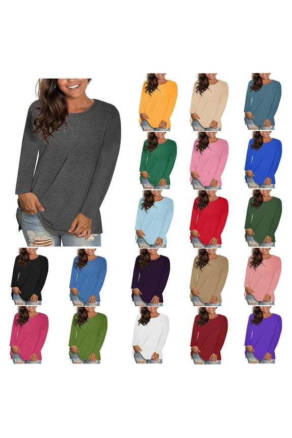 Women's Long Sleeve T Shirt Plus Size Crew Neck Pullover Tee Casual Fashion Solid Shirts Tops