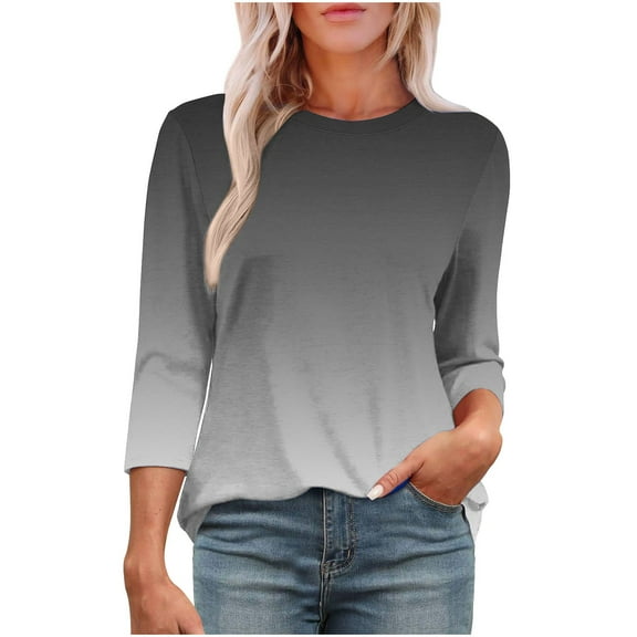 Jalioing Women's 3/4 Sleeve Tunic Tops Gradient Fashion Blouses Plus Size Crew Neck Basic Shirt Spring Summer Outfits