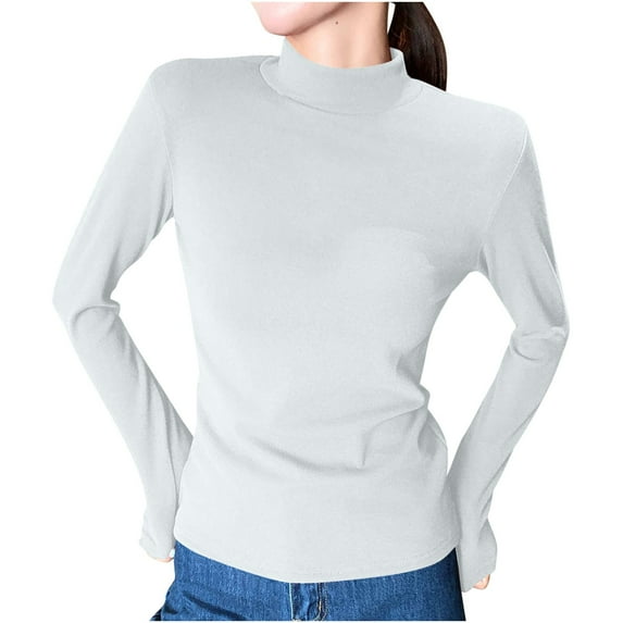 Jalioing Women's Basic Shirt Solid Color Long Sleeve Mock Neck Slim Pullover Tee Fall Casual Comfy Undershirts