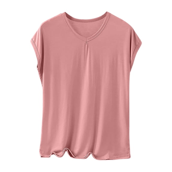 Jalioing Women's Basic Sleep Shirt Cap Sleeve Round Neck Pajama Tops Solid Color Soft Cozy Undershirt Tops