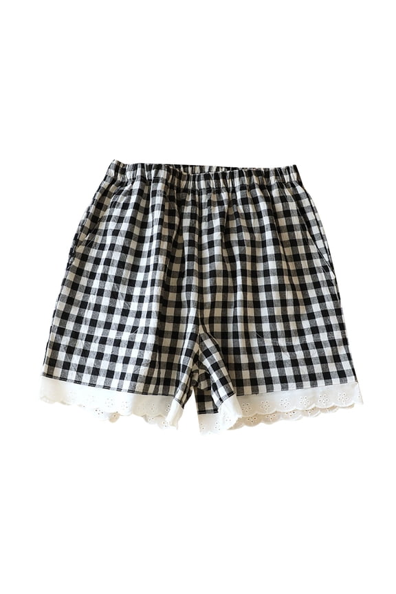 Women's Boxer Shorts Plaid Lightweight Lace Trim Sleep Shorts Loose Elastic Waist Pajama Shorts with Pocket