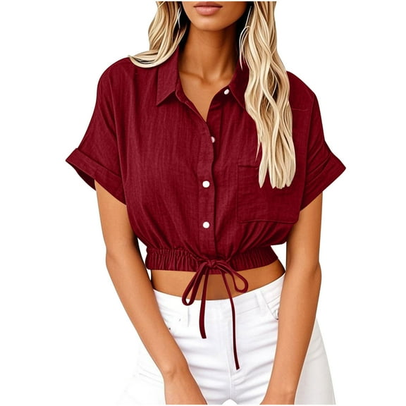 Jalioing Women's Button Down Crop Shirt Roll-Up Short Sleeve Collared Cotton Linen Shirts with Pocket Summer