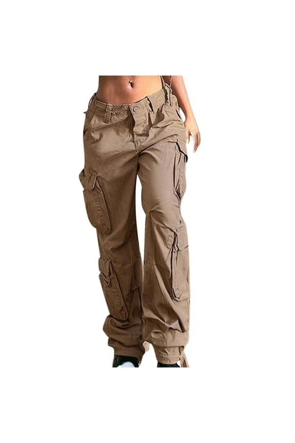 Women's Cargo Trouser Low Waist with Button Straight Leg Side Flap Pocket Solid Color Trendy Pants (Large, Khaki)