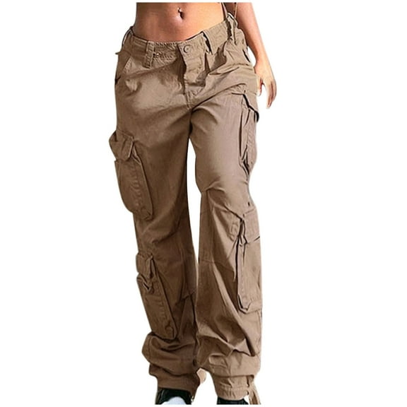 Jalioing Women's Cargo Trouser Low Waist with Button Straight Leg Side Flap Pocket Solid Color Trendy Pants (X-Large, Khaki)