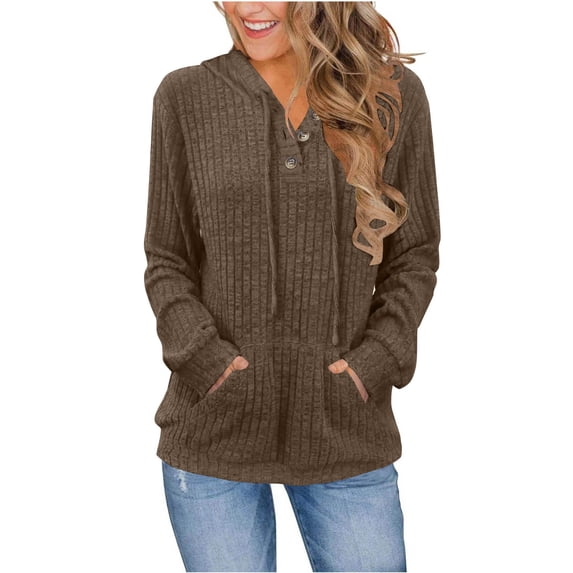 Jalioing Women's Casual Drawstring Hoodies Long Sleeve Hooded Button Sweatshirt with Pocket Ribbed Pullover Tops