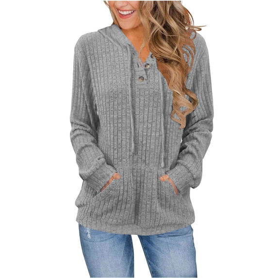 Jalioing Women's Casual Drawstring Hoodies Long Sleeve Hooded Button Sweatshirt with Pocket Ribbed Pullover Tops