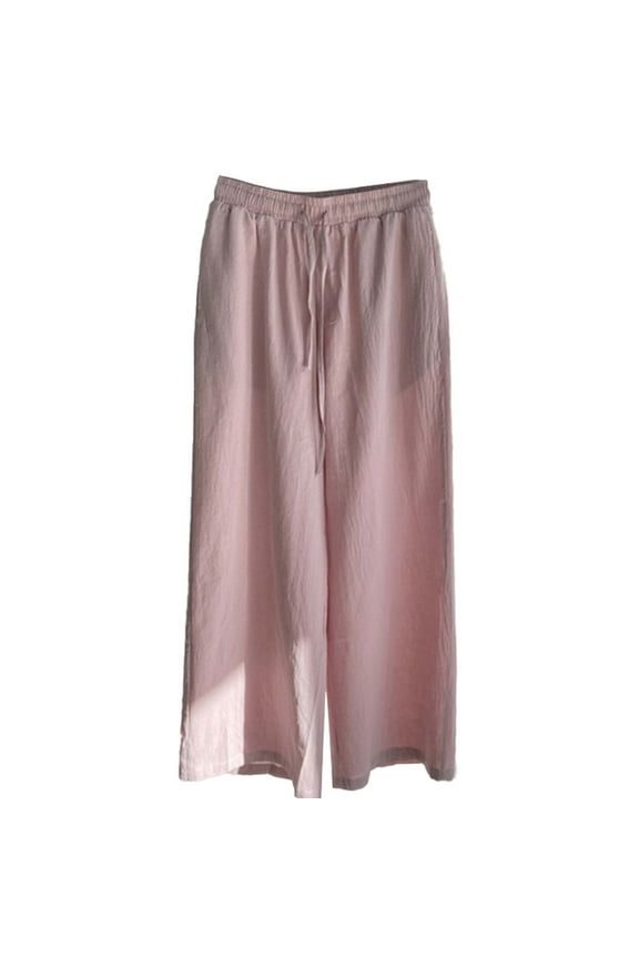 Women's Casual Pants Cotton Linen Elastic Waist High Straight Wide Leg Drawstring Solid Color Pants (X-Large, Pink)