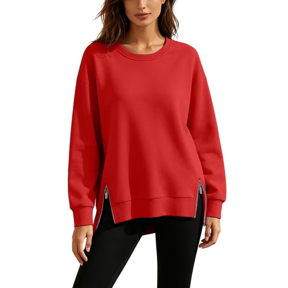 Jalioing Women's Casual Pullover Shirts Oversized Long Sleeve Side Slit Sweatshirts Solid Fashion Crew Neck Tops