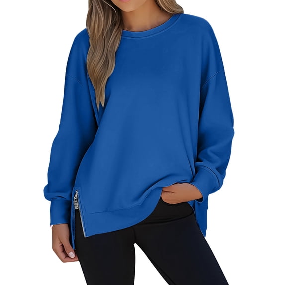 Jalioing Women's Casual Pullover Shirts Oversized Long Sleeve Side Slit Sweatshirts Solid Fashion Crew Neck Tops