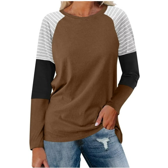 Jalioing Women's Casual Pullover Tee Color Block Long Sleeve Dropped Shoulder Shirts Classic Crew Neck Tops