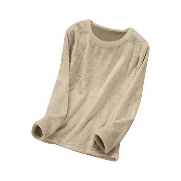 Jalioing Women's Casual Shirts Flannel Long Sleeve Crew Neck Lounge Tops Solid Basic Winter Thermal Fleece T Shirt