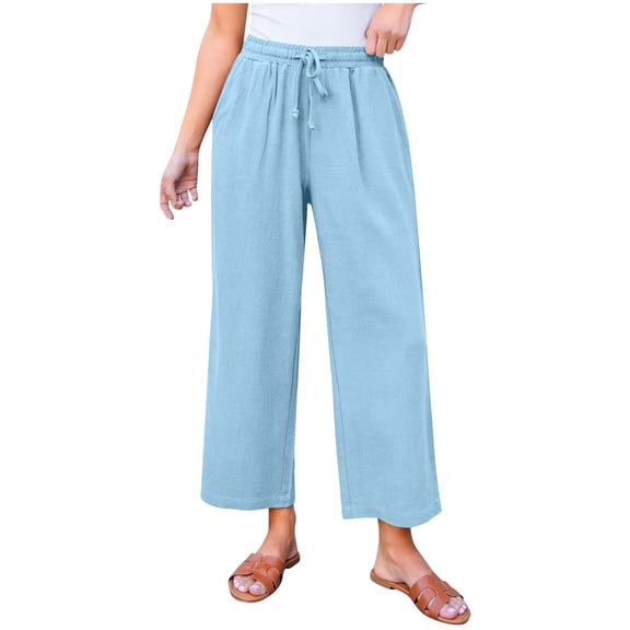 Jalioing Women's Casual Slacks Ankle Length Staight Leg Drawstring Waist Trousers Summer Loose Lounge Pants