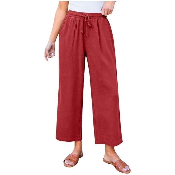 Jalioing Women's Casual Slacks Ankle Length Staight Leg Drawstring Waist Trousers Summer Loose Lounge Pants