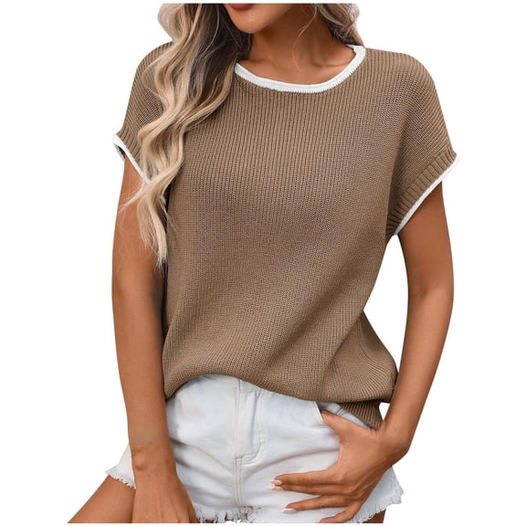 Jalioing Women's Casual Sweaters Spring Fashion Short Sleeve Sweater Tops Solid Color Loose Crew Neck Knit Tops