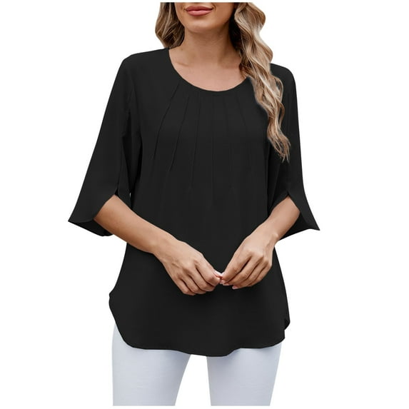 Jalioing Women's Chiffon Shirts Half Sleeve Crew Neck Summer Fashion Blouses Casual Trendy Plain Tops