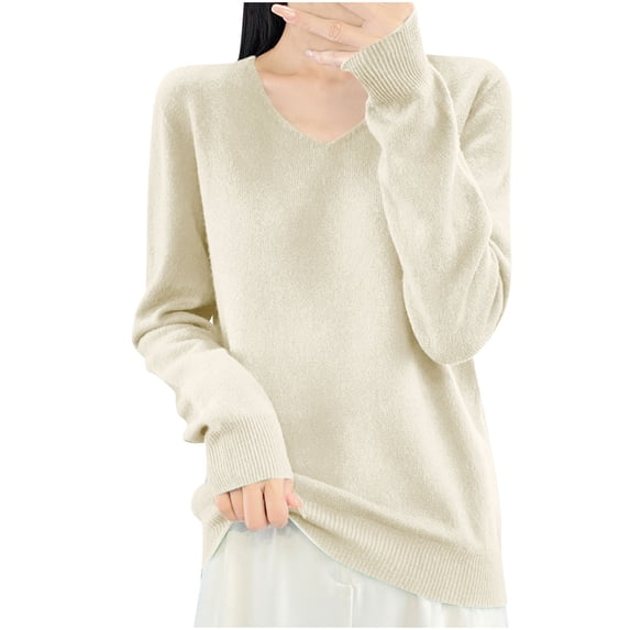 Jalioing Women's Cotton Knit Tops Solid Color Long Sleeve V Neck Basic Sweaters Fall Casual Sweater Shirts