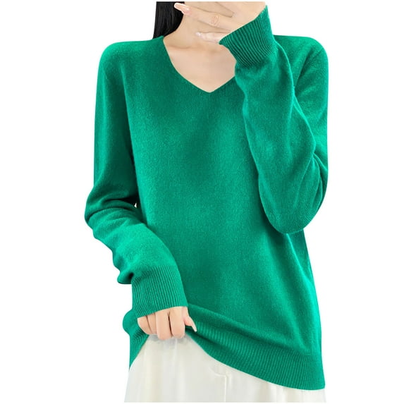 Jalioing Women's Cotton Knit Tops Solid Color Long Sleeve V Neck Basic Sweaters Fall Casual Sweater Shirts