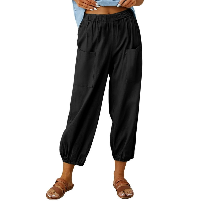 Jalioing Women's Cotton Linen Lounge Pants Elastic Drawstring Rise Baggy  Button Cinch Bottom Leg Casual Pants (Small, Black) 