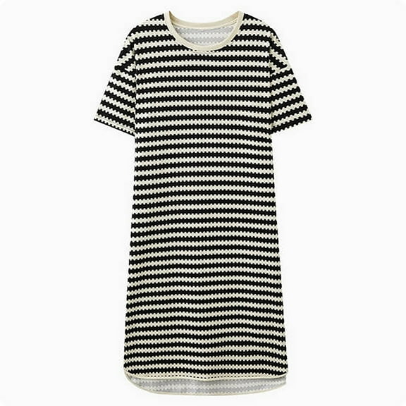Jalioing Women's Cotton Nightgown Striped Short Sleeve Nightshirt Casual Soft Sleep Shirt Summer Sleepwear