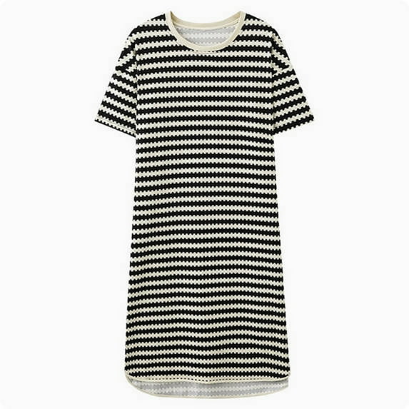 Jalioing Women's Cotton Nightgown Striped Short Sleeve Nightshirt Casual Soft Sleep Shirt Summer Sleepwear
