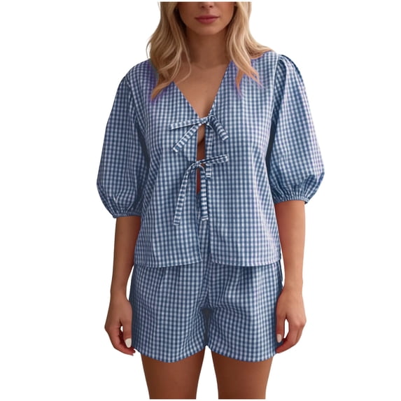 Jalioing Women's Cotton Pajamas Tie Front Short Sleeve Tops and Shorts Pjs Set 2 Piece Plaid Sleepwear Summer Loungewear