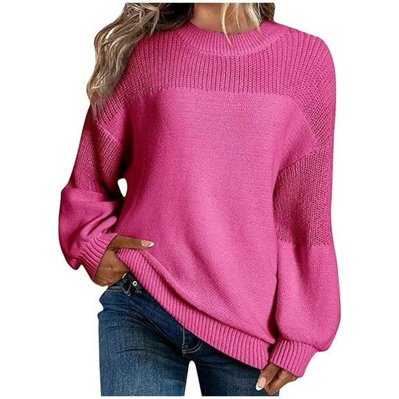 Jalioing Women's Crew Neck Sweater Casual Solid Color Long Sleeve Pullover Tops Fashion Loose Sweaters