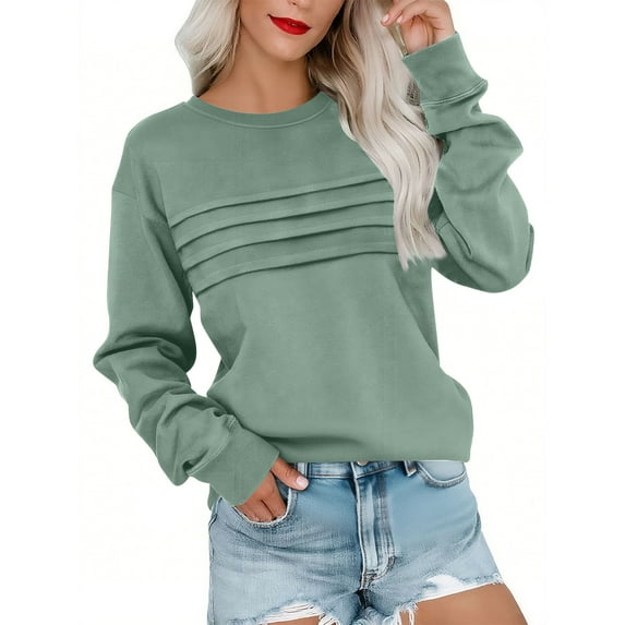 Jalioing Women's Crew Neck Sweatshirts Fashion Solid Pleated Front Pullover Shirts Long Sleeve Casual Tops