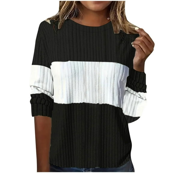 Jalioing Women's Crew Neck Tops Fall Long Sleeve Color Block Casual Shirts Ribbed Loose Fashion Tees Blouses
