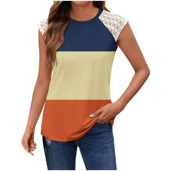 Jalioing Women's Crew Neck Tunic Tops Lace Cap Sleeve Fashion Shirt Summer Trendy Casual T Shirt Clothes