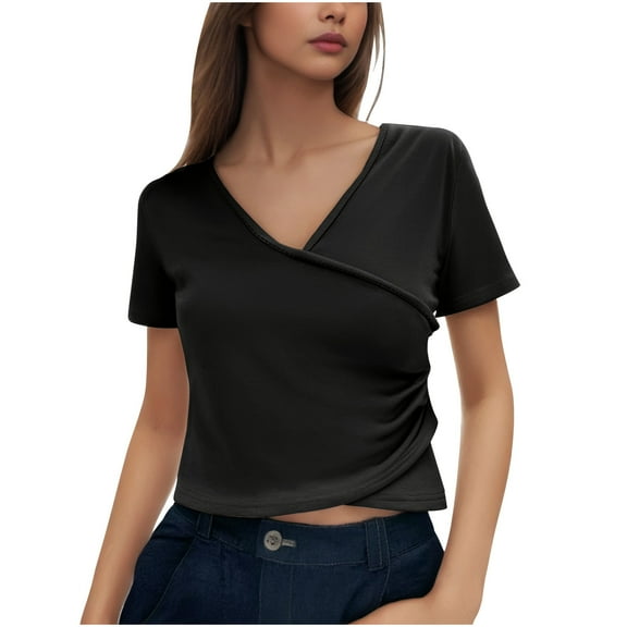 Jalioing Women's Crop Top Shirts V Neck Short Sleeve Cute T Shirt Solid Color Fashion Summer Shirts Outfits