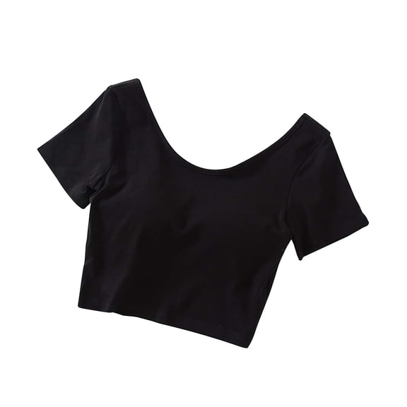 Jalioing Women's Crop Top with Built in Bra Cotton Short Sleeve T-Shirt Summer Basic Casual Tops Solid Color