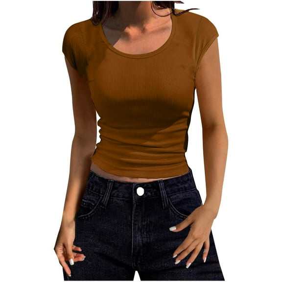 Jalioing Women's Crop Tops Cap Sleeve Crew Neck Slim Tee Shirts Ribbed Fashion Summer Going Out Shirt Outfits