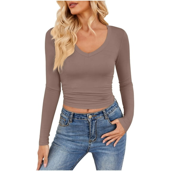 Jalioing Women's Crop Tops Long Sleeve Scoop Neck Slim Basic Tee Shirts Summer Trendy Going Out Shirts Outfits