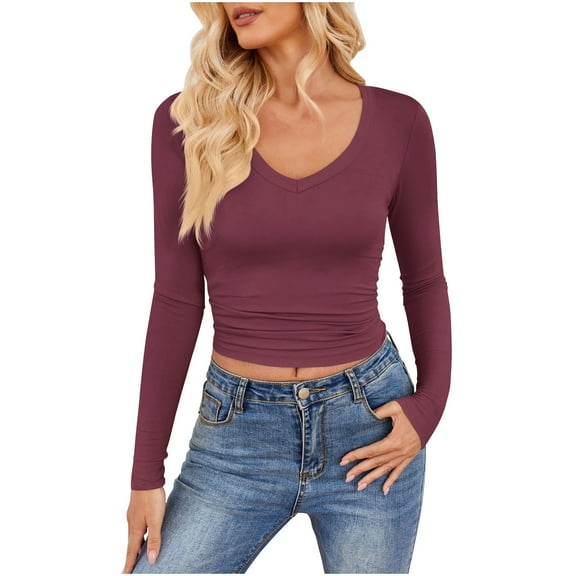 Jalioing Women's Crop Tops Long Sleeve Scoop Neck Slim Basic Tee Shirts Summer Trendy Going Out Shirts Outfits