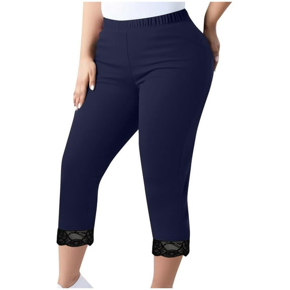 Jalioing Women's Cropped Yoga Pants Plus Size Lightweight Lace Cuff Slim Capris Summer Workout Athletic Crop Pants