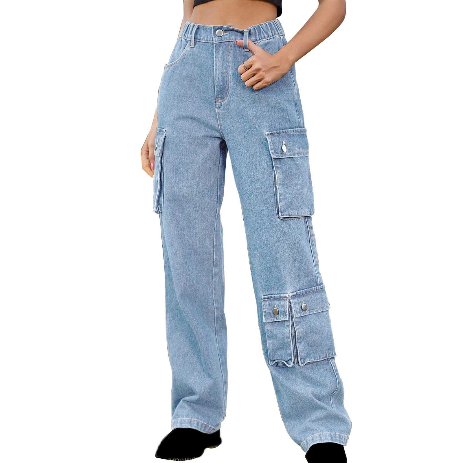 Jalioing Women's Denim Cargo Pants Mid Waist Long Wide Straight Leg Button  Solid Color Pocket Casual Jeans (Large, Light Blue) - Walmart.com