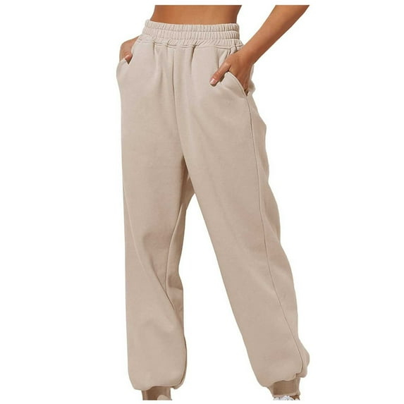 Jalioing Women's Elastic Waist Long Pants Mid-Rise Solid Color Brief Pocket Sport Cinch Bottom Sweatpants (Large, Beige)