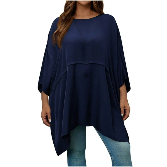 Jalioing Women's Fall Trendy Tops Plus Size Loose Crew Neck Blouses Oversized Flowy Solid Color Fashion Shirts Outfits