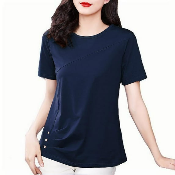 Jalioing Women's Fashion T Shirt Short Sleeve Pleated Button Tee Shirt Trendy Casual Crew Neck Summer Tops