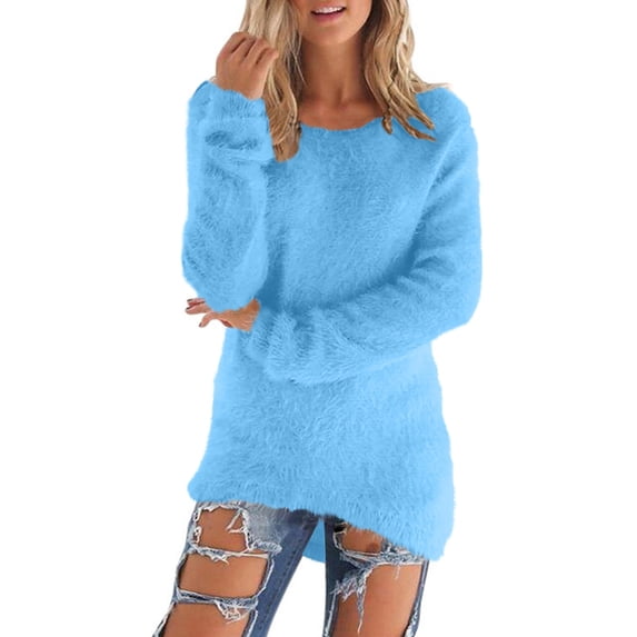 Jalioing Women's Fuzzy Blouse Single-Sided Fleece Crewneck Tunic Solid Color Long Sleeve Mid-Long Slim Tops (Small, Light Blue)