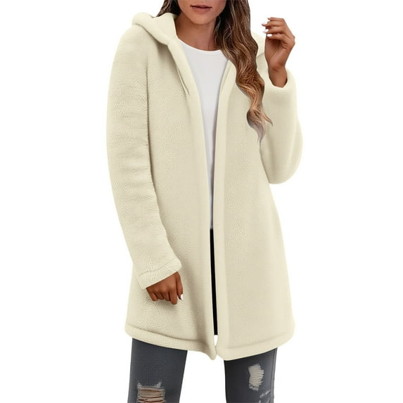 Jalioing Women's Fuzzy Cardigan Fall Winter Long Sleeve Hooded Fleece Coat Thermal Open Front Cardigan Outerwear