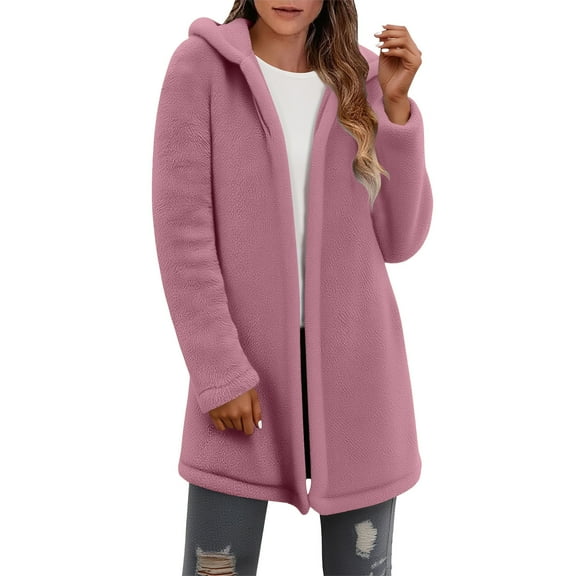 Jalioing Women's Fuzzy Cardigan Fall Winter Long Sleeve Hooded Fleece Coat Thermal Open Front Cardigan Outerwear