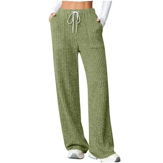 Jalioing Women's High Waist Casual Athletic Pants Wide Leg Drawstring Workout Trousers Solid Ribbed Lounge Pants